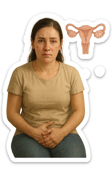 Donna tra i 25 e i 35 anni, con espressione stanca ma determinata, seduta in uno studio medico o nella sua stanza, con mani sul basso ventre. Sullo sfondo un diagramma trasparente o fluttuante di ovaie con cisti multiple, ormoni stilizzati in disequilibrio (testosterone, insulina, LH/FSH). Leggeri segni visivi di sintomi tipici: acne sul viso, lieve aumento di peso, capelli leggermente diradati in zona frontale. Ambiente realistico ma con elementi educativi e simbolici. Toni tenui ma caldi, stile empatico e informativo. in italiano sticker