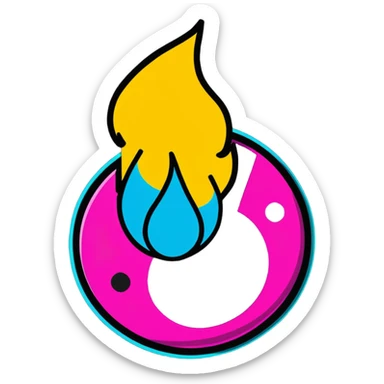 Minimalist sticker with white 'tt' letters on a black circle with cyan, magenta, and yellow dots below, fire emoji with street style influence sticker