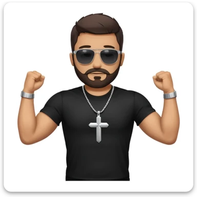 man with a beard and short dark hair, wearing sunglasses, a black t-shirt, and a cross necklace, flexing his arms confidently, outdoors sticker