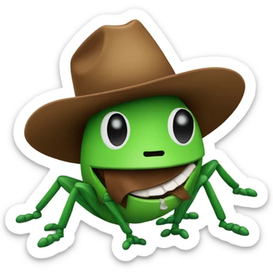 A green cricket wearing a brown cowboy hat with a green bill on it sticker
