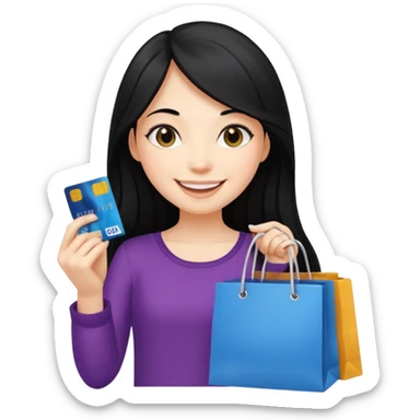 Girl with long black hair holding shopping bags and credit card sticker
