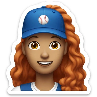 front facing, standing female coach with long red hair, wearing a white t-shirt and a simple blue baseball hat sticker