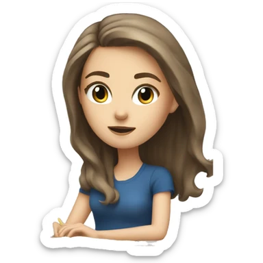 white girl studying at a grey desk, brown hair, blue eyes, computer sticker