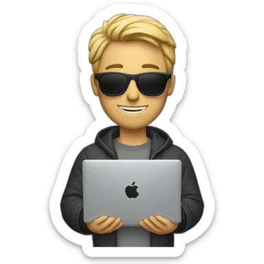 a white man with sunglasses holding macbook pro 14 inch sticker