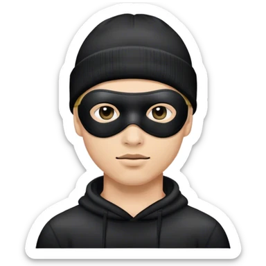 Guy emoji but as a thief wearing a black eye mask and black beanie with no facial hair sticker