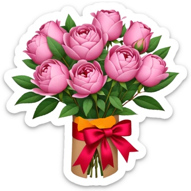 Bouquet of pink flower like rose and peony wrapped in kraft paper with red bow sticker