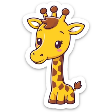 An adorable cartoon giraffe face with one eye slightly closed in a wink, a big cheerful smile, and a tiny raised hoof waving hello. Rosy cheeks, sparkles in the eyes, and a warm yellow-brown palette. The expression should feel inviting, like a happy 'Hi chat!' Perfect for greetings sticker