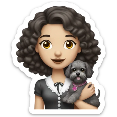 A girly with dark brown curly hair and pale skin wearing coquette clothes, and holding a salt & pepper miniature shnuaEd sticker