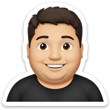 Hombre chubby latino piel canela, cara redonda-ancha, scruff sin barba completa, cejas gruesas, pelo oscuro ondulado flat largo hasta el cuello. Sonrisa amplia, expresión alegre. Camisa negra. Size large.  sticker