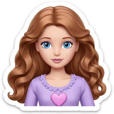 There are grey hearts all around Barbie girl Chestnut long wavy hair and blue eyes is In pale purple clothes sticker