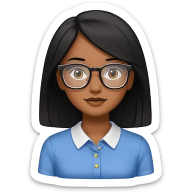 Cor da pele parda óculos um pouco quadrado cabelos longos e preto roupas blusinhas de manga curta sticker