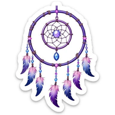 Iridescent shiny transparent pastel purple-pink-indigo-violet crescent-moon-Dreamcatcher hanging from a thread, with gemstones, and beads sticker