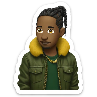 Side profile of a hip hop artist with braids. He has an arm extended down, holding a mic. He's wearing a very dark green crocodile jacket. The jacket has a furry yellow mustard collar.  sticker