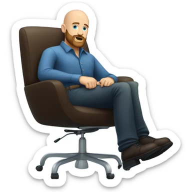 Bald, Caucasian, sky-blue-eyed, Psychotherapist in a modern colorful chair. He has a brown full beard and he’s Wearing a black dress shirt with a subtle pattern, blue jeans and black Chelsea boots with his legs separted leaning forward grey in goatee sticker