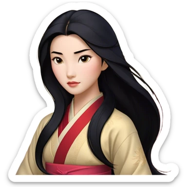Cinematic Realistic Mulan Portrait, depicted with lifelike skin texture, soft natural lighting, and intricately detailed long black hair styled elegantly. Her deep, expressive eyes exude determination and grace, complemented by a serene yet confident expression. She is dressed in her classic attire, with rich fabric textures and delicate folds that catch the light beautifully. The portrait features a soft, enchanting glow with a natural, radiant finish, capturing the essence of timeless strength and beauty in a realistic and painterly style, evoking a sense of depth and authenticity. sticker
