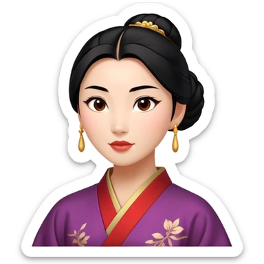 Cinematic Elegant Mulan Portrait Emoji, rendered in a realistic, vector-style with minimal shading and bold, simplified shapes. Depict Mulan (chest and above) with warm, light-toned skin, almond-shaped eyes, and sleek black hair styled in a traditional bun. She wears a modest, traditional robe with subtle red and gold accents, glowing with a soft, refined radiance and high shine, capturing timeless beauty and inner strength. sticker