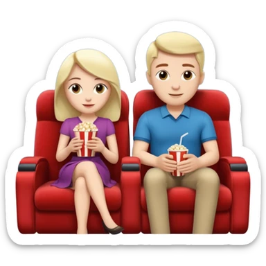 A couple sitting on a sofa inside a movie theater enjoying a film. sticker
