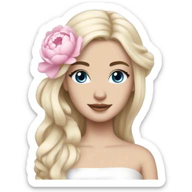 White bride with long light blonde hair and blue eyes with light pink peonies in hair white skin  sticker
