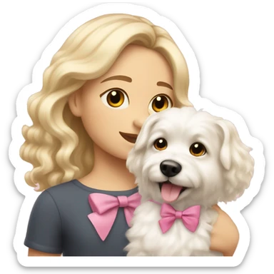 blonde girl with wavy hair taking a little fluffy white dog for a walk with a pink bow sticker