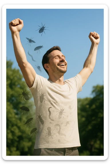 a man stands outdoors in bright sunlight, arms raised in relief and joy, while faint, shadowy silhouettes of parasites fall away from his body and dissolve into the air. His posture is upright and energetic, his expression serene and healthy. The background features green trees and a clear sky, emphasizing liberation and restored well-being. sticker