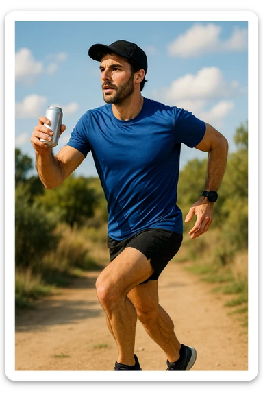 A male runner holding a can sticker