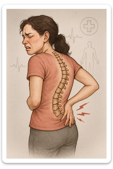 Donna con scoliosi dolorante perchè non ha mobilità a causa di essa sticker