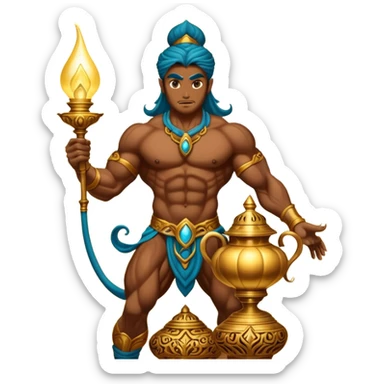 mystical fantasy illustration of a powerful jinn emerging from an ancient golden lamp.  sticker