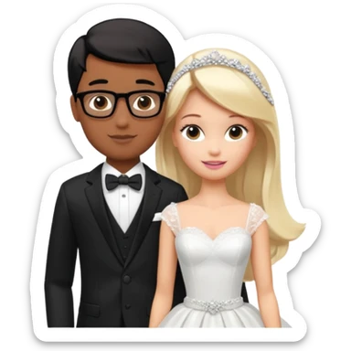 pretty light blonde girl barbie wedding to boy nerd with short black hair and dark tan skin sticker