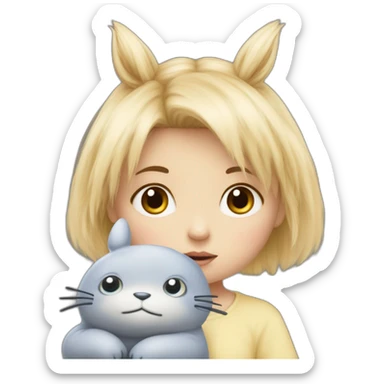 bébé fille blonde décoiffée aux yeux bleus avec une peluche Totoro  sticker