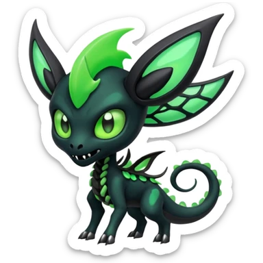 Horned Evil Cool Handsome Badass Edgy Obsidian-black and neon-glowing-green skeletal Meloetta-Salandit-Gorebyss-Zygarde-Pokémon-Fakémon-creature-fusion-hybrid sticker