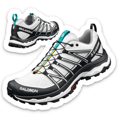White Salomon XT-6 Gore-Tex sneakers as a pair with one shoe positioned behind the other, iOS emoji style, featuring trail running design with zigzag overlays and aggressive sole sticker