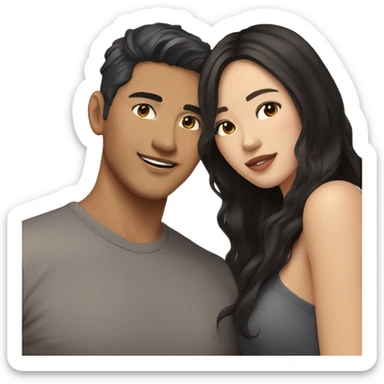 A half pale Asian man with short dark hair and amber eyes embracing and loving a half Asian woman with long wavy dark hair and dark hazel eyes. They love each other a lot And have good fashion taste. sticker