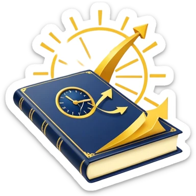 A yellow productivity book with navy blue and gold details, and chart with upward trend aura, radiating productivity, strategy, and success in motion with time and happiness yellow... power in time aura of happiness sticker