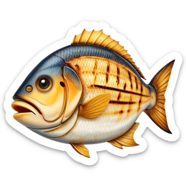 Cinematic Realistic Gradele (Grilled Fish) Dish Emoji, depicted as perfectly grilled fish with a smoky, charred finish rendered with lifelike detail and appetizing, natural lighting. sticker