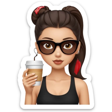 generate a pretty fair bratz girl with dark brown eyes, dark brown eyes tied into a slick back ponytail, thin brown sunglasses. Wearing a black cami top and drinking coffee, high cheekbones sticker