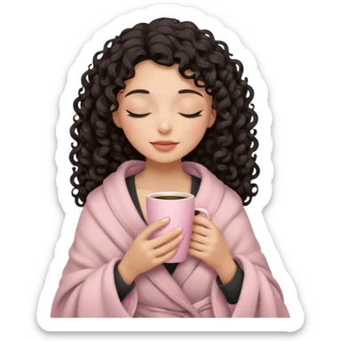 woman with medium tone, black long 3b curls, closed eyes, feminine face, holding soft pink coffee cup with beige blanket over shoulders sticker