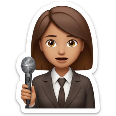 a office woman presenting her idea with microphone stop smiling and got scared with disappointed face
 sticker