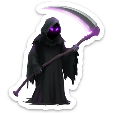 Dark black Shadow Grim reaper with scythe dark themes, covered with tattered dark black cloak and only purple glowing eyes and scythe with light purple glow sticker