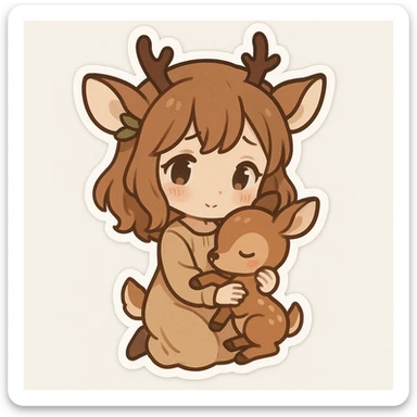 Chibi stickers style deer girl holding a baby deer, gentle and shy expression and pose. sticker