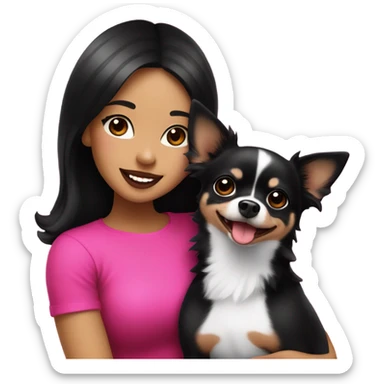 Thick medium black hair with hot pink lips and pink cheek smiling Filipino lady hugging black and white Chihuahua  sticker