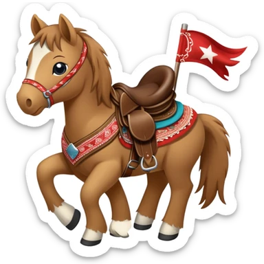 A brown plush pony with a western saddle and bandana sticker