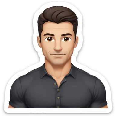 Muscular buff man in his 40s with youthful appearance, light brown skin, elongated face, defined jawline, attractive smirk, medium dark eyes, arched eyebrows, straight nose, strong broad shoulders, medium wavy dark hair with modern style, wearing a black buttoned-up shirt sticker