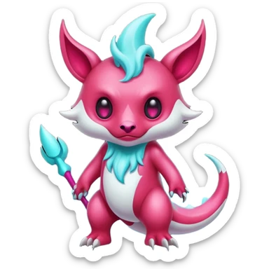Epic complex detailed sanguine-red magenta pink white pastel realistic aesthetic-scenic-Fakémon-Trico-Sergal-Serval-Vernid-creature (full body) with cyan markings  sticker