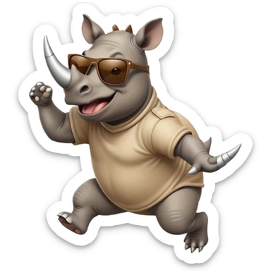 friendly anthropomorphised rhino jumping with excitement, wearing dark sunglasses, standard pose sticker