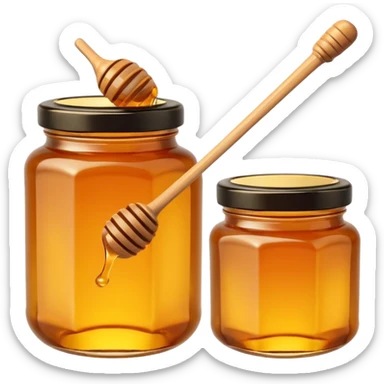 jar of honey, golden amber, glass with glossy surface, simple lid, blank label optional, minimal honey dipper, 3D clean style, transparent background, optimized for emoji size sticker