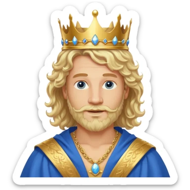 1 Middle-aged white king, 40 years old, blond hair, blond beard, long curly hair, blue eyes, kind and benevolent vibe, gentle smile, wearing a crown and blue robe emoj sticker