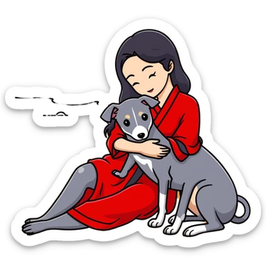 A beautiful 25-year-old Japanese woman with long flowing black hair wearing a stylish red beach dress, gently petting a PURE SOLID DARK GREY whippet with a bright RED COLLAR on a beach at night under a starry sky. The whippet MUST be 100% SOLID DARK GREY with ABSOLUTELY NO WHITE MARKINGS ANYWHERE - specifically NO WHITE on face, NO WHITE on chest, NO WHITE on paws - ENTIRELY ONE CONSISTENT SOLID DARK GREY COLOR throughout. Deep blue night sky filled with bright stars, moonlight reflecting on the ocean, sandy beach in the foreground. sticker