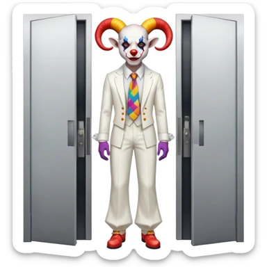 full-body demonic clown in a white leisure suit with bellbottom pants, bald, black ram horns, elevator shoes, flashy belt, ruffled shirt, colorful tie sticker