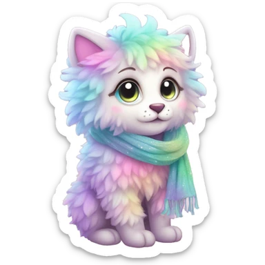 Edgy Kawaii cute gorgeous colorful sparkly bright light pastel gradient fantasy ethereal fluffy fursona animal creature with a cute scarf full body sticker
