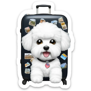 A Bichon Frise standing next to a suitcase filled with iconic places stickers on the suitcase  sticker